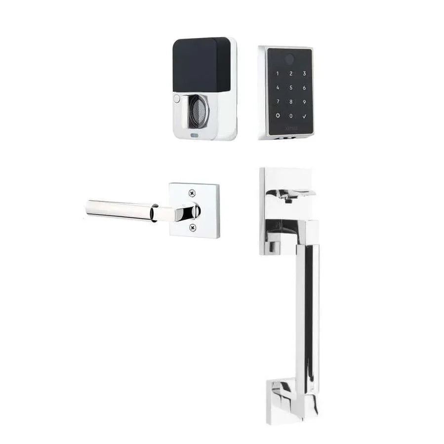 The Emtek EMPowered 2 Touch Key Free Entry Set with Hercules Smooth Grip and Interior Hercules Lever in Polished Chrome finish.