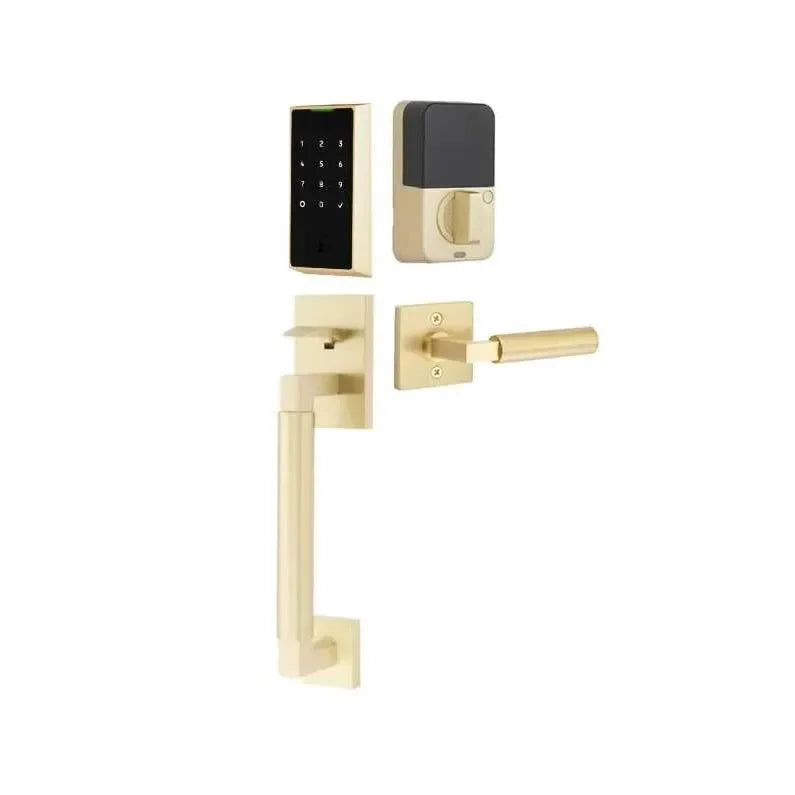 The Emtek EMPowered 2 Touch Key Free Entry Set with Hercules Smooth Grip and Interior Hercules Lever in Satin Brass finish.