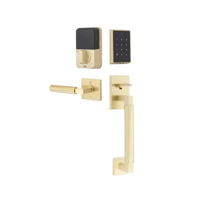 The Emtek EMPowered 2 Touch Key Free Entry Set with Hercules Smooth Grip and Interior Hercules Lever in Satin Brass finish.