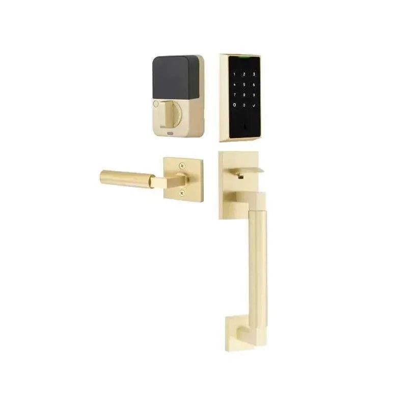 The Emtek EMPowered 2 Touch Key Free Entry Set with Hercules Smooth Grip and Interior Hercules Lever in Satin Brass finish.
