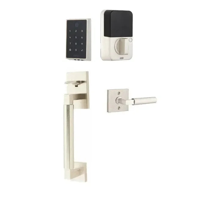 The Emtek EMPowered 2 Touch Key Free Entry Set with Hercules Smooth Grip and Interior Hercules Lever in Satin Nickel finish.