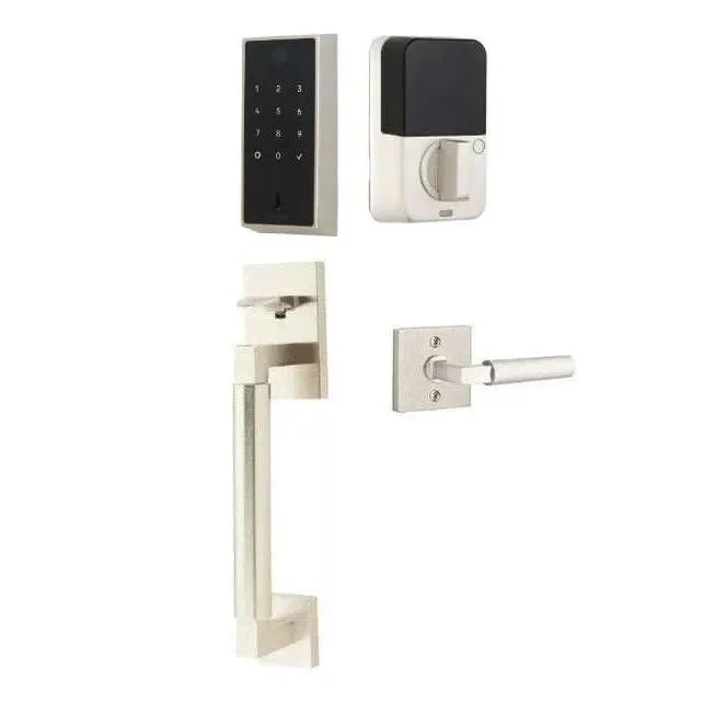 The Emtek EMPowered 2 Touch Key Free Entry Set with Hercules Smooth Grip and Interior Hercules Lever in Satin Nickel finish.
