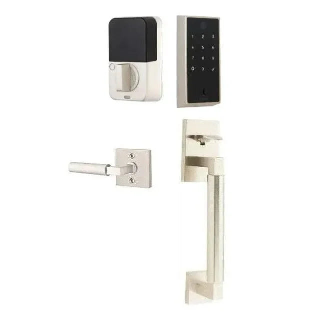 The Emtek EMPowered 2 Touch Key Free Entry Set with Hercules Smooth Grip and Interior Hercules Lever in Satin Nickel finish.
