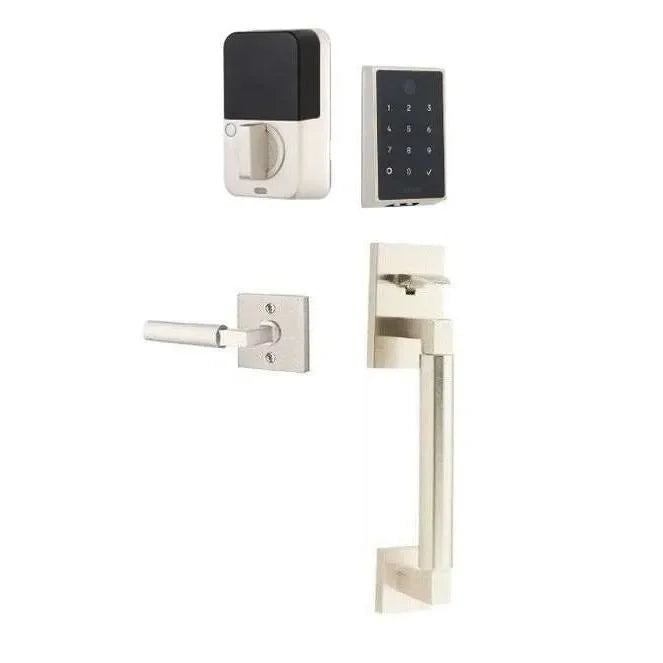 The Emtek EMPowered 2 Touch Key Free Entry Set with Hercules Smooth Grip and Interior Hercules Lever in Satin Nickel finish.