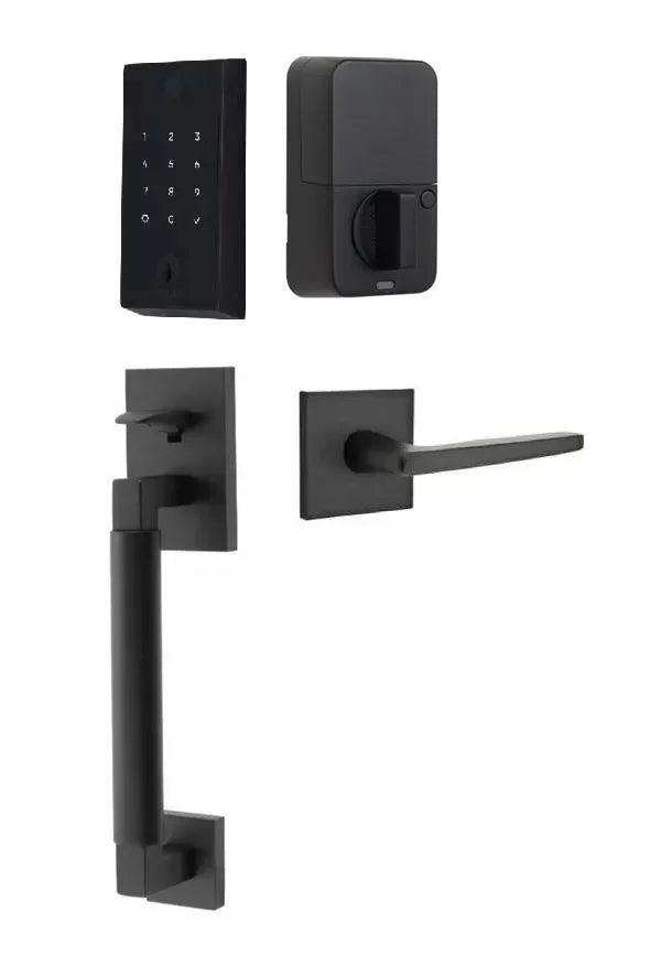 Emtek EMPowered 2 Touch Entry Set with Hercules Smooth Grip and Hermes Lever Flat Black