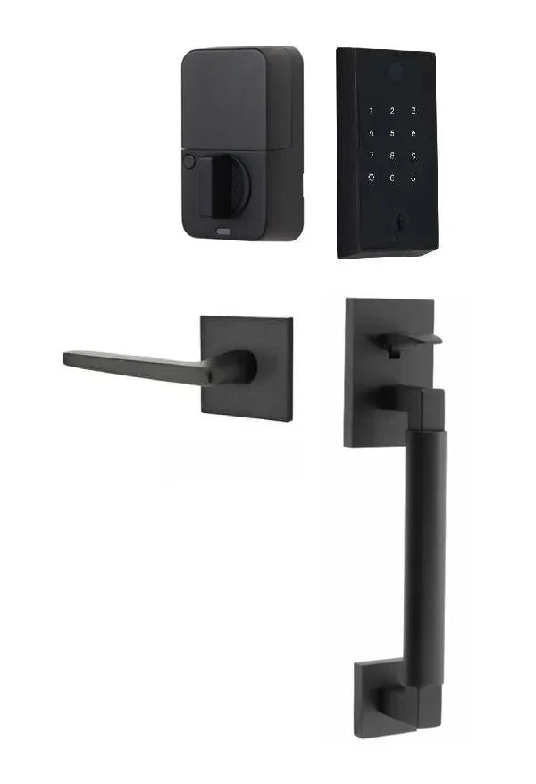 Emtek EMPowered 2 Touch Entry Set with Hercules Smooth Grip and Hermes Lever Flat Black