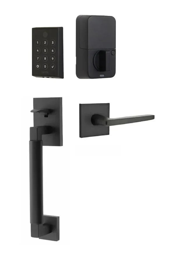 Emtek EMPowered 2 Touch Entry Set with Hercules Smooth Grip and Hermes Lever Flat Black
