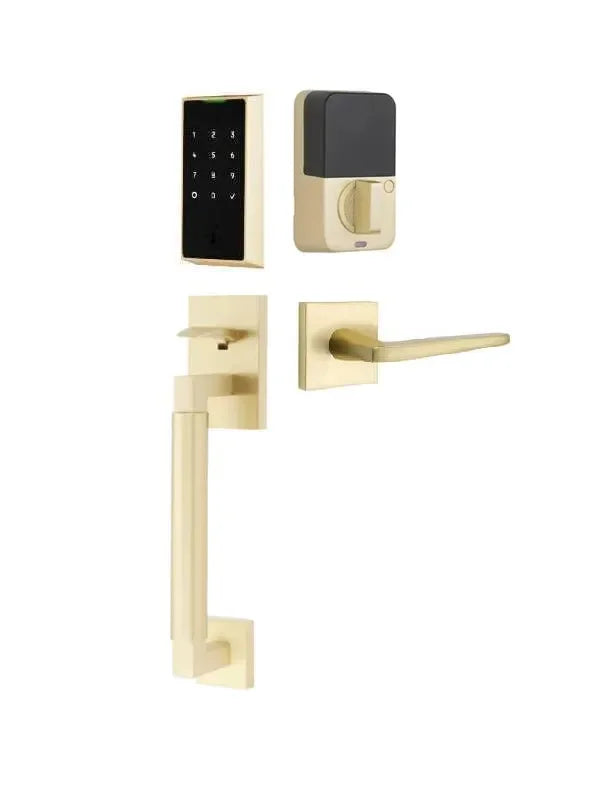 Emtek EMPowered 2 Touch Entry Set with Hercules Smooth Grip and Hermes Lever Satin Brass