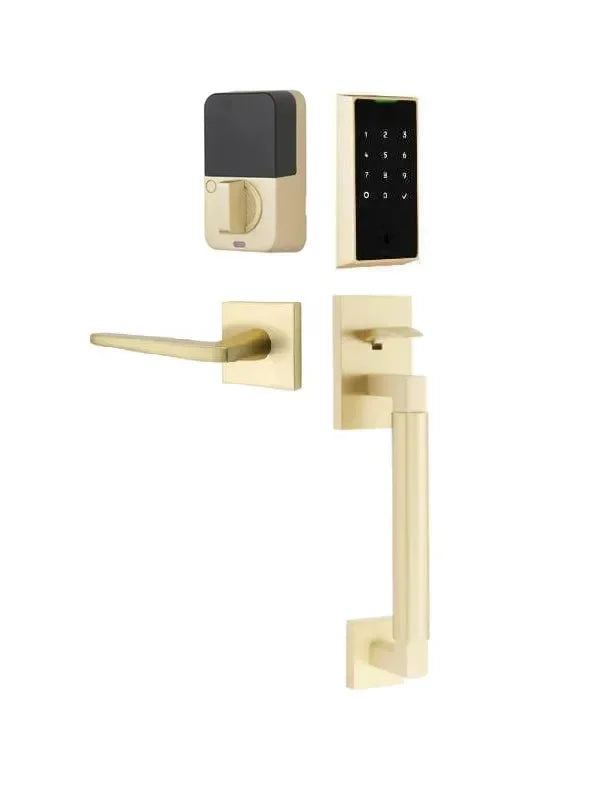 Emtek EMPowered 2 Touch Entry Set with Hercules Smooth Grip and Hermes Lever Satin Brass
