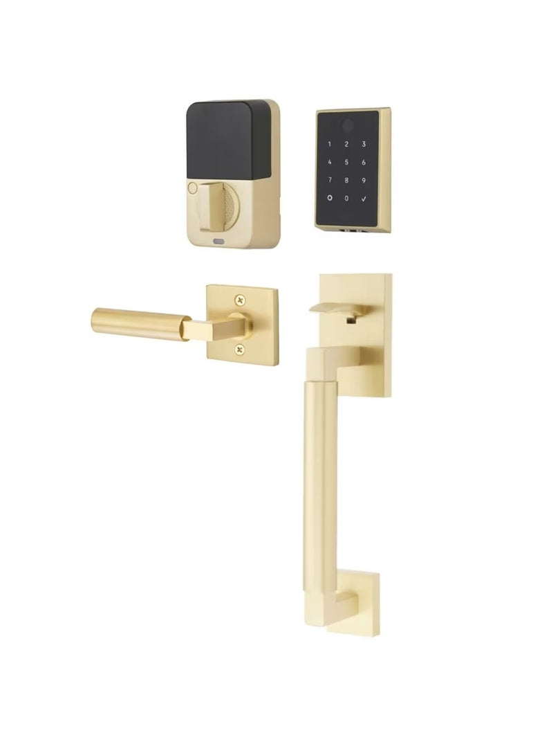 The Emtek EMPowered™ 2 Touch Key Free Entry Set with Hercules Smooth Grip and Interior Hercules Lever in Satin Brass finish.