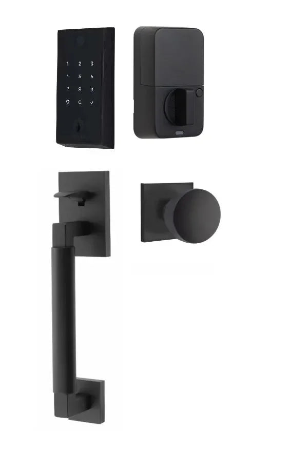 Emtek EMPowered 2 Touch Entry Set with Hercules Smooth Grip and Laurent Knob Flat Black