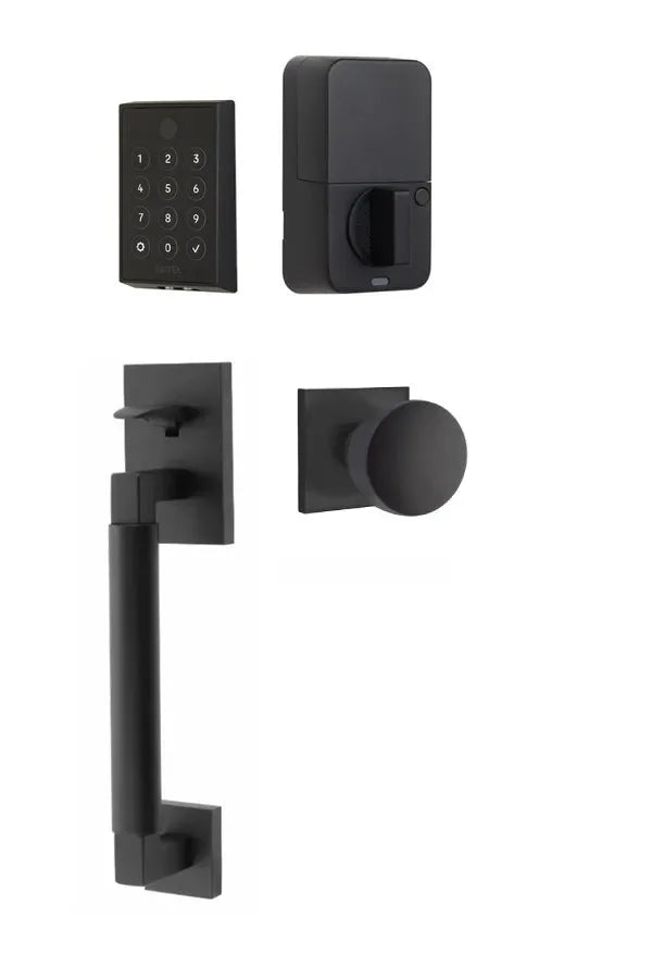 Emtek EMPowered 2 Touch Entry Set with Hercules Smooth Grip and Laurent Knob Flat Black