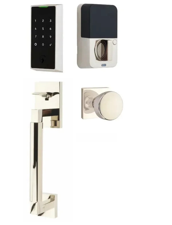 Emtek EMPowered 2 Touch Entry Set with Hercules Smooth Grip and Laurent Knob Lifetime Polished Nickel