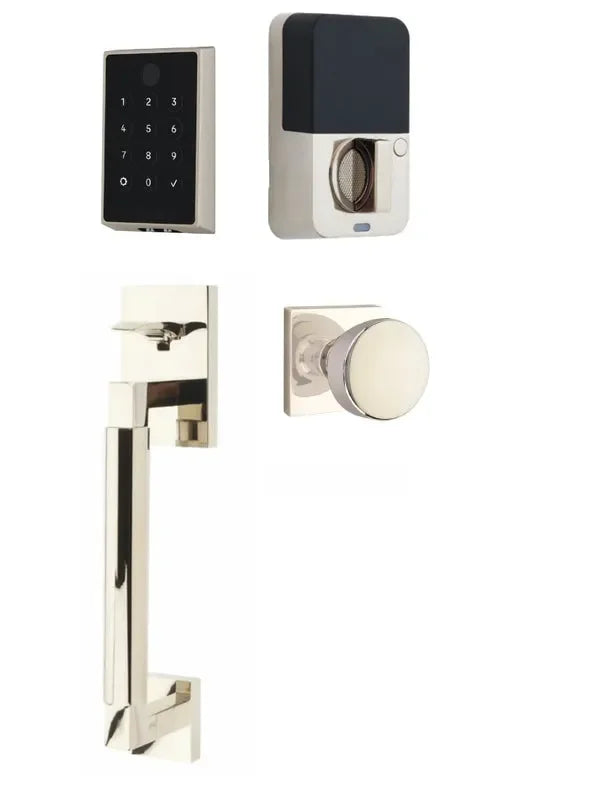 Emtek EMPowered 2 Touch Entry Set with Hercules Smooth Grip and Laurent Knob Lifetime Polished Nickel