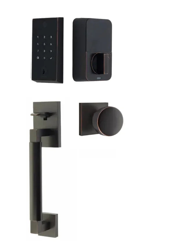 Emtek EMPowered 2 Touch Entry Set with Hercules Smooth Grip and Laurent Knob Oil Rubbed Bronze