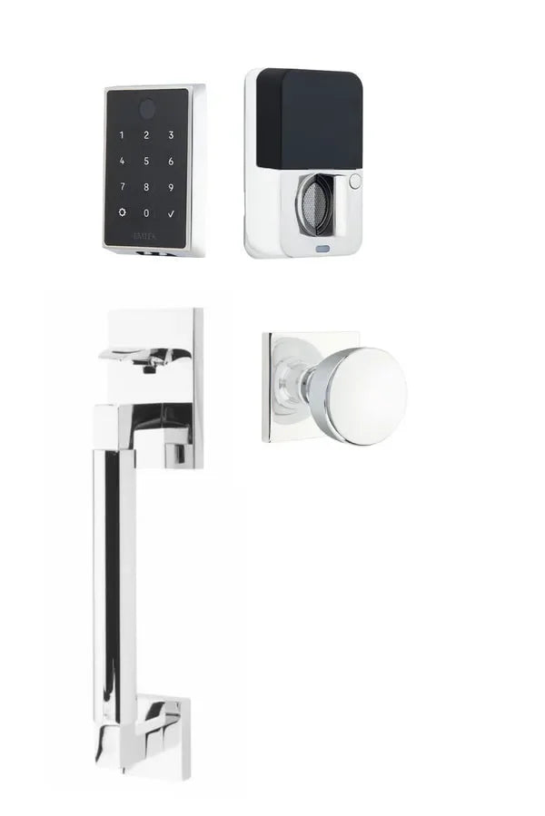 Emtek EMPowered 2 Touch Entry Set with Hercules Smooth Grip and Laurent Knob Polished Chrome
