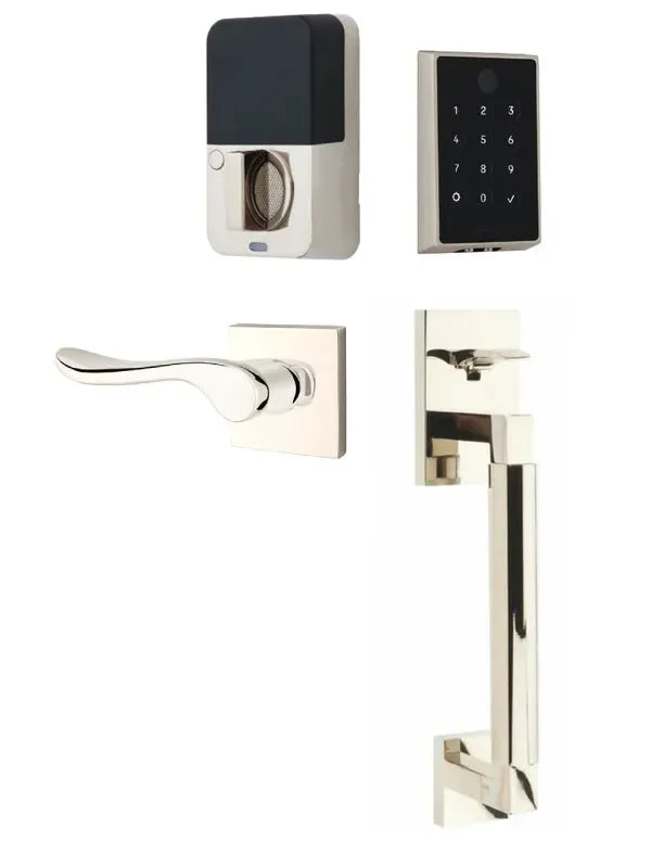 Emtek EMPowered 2 Touch Entry Set with Hercules Smooth Grip and Luzern Lever Lifetime Polished Nickel