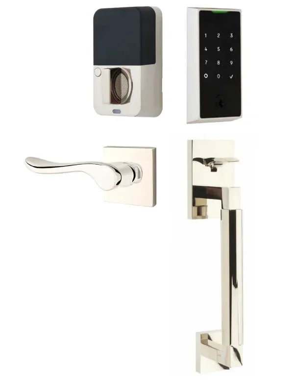 Emtek EMPowered 2 Touch Entry Set with Hercules Smooth Grip and Luzern Lever Lifetime Polished Nickel