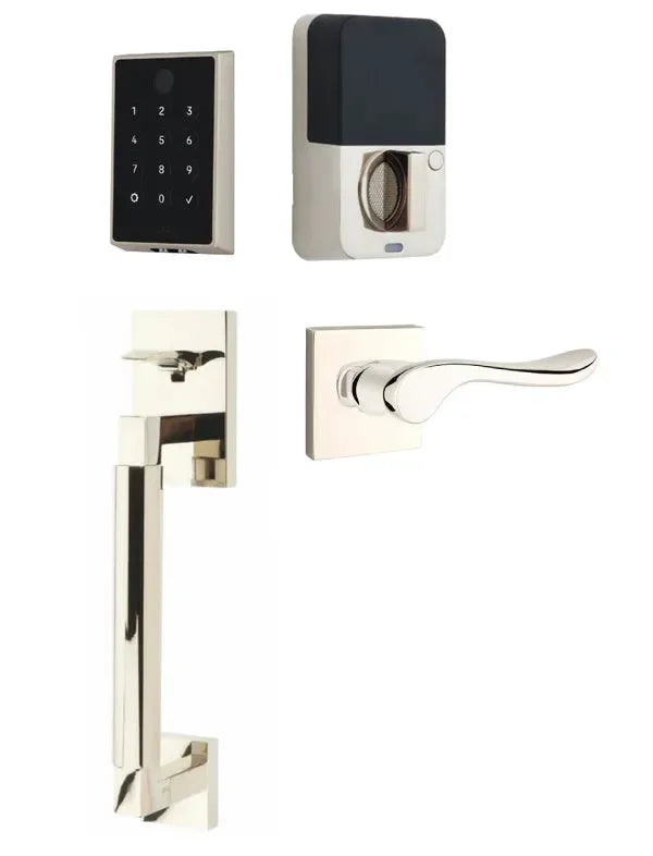 Emtek EMPowered 2 Touch Entry Set with Hercules Smooth Grip and Luzern Lever Lifetime Polished Nickel