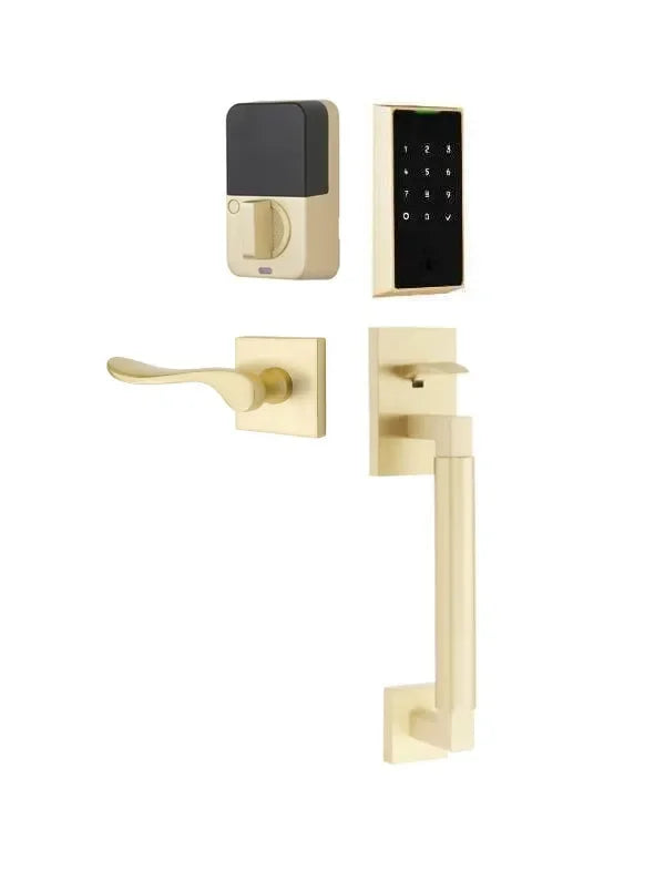 Emtek EMPowered 2 Touch Entry Set with Hercules Smooth Grip and Luzern Lever Satin Brass