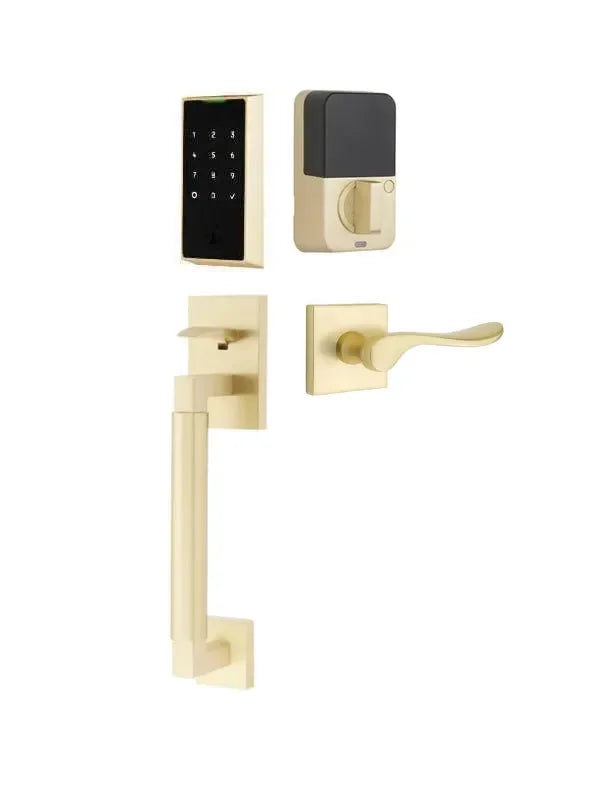 Emtek EMPowered 2 Touch Entry Set with Hercules Smooth Grip and Luzern Lever Satin Brass