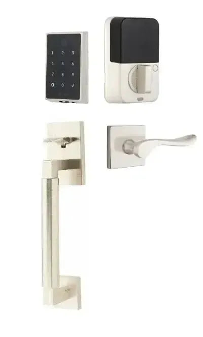 Emtek EMPowered 2 Touch Entry Set with Hercules Smooth Grip and Luzern Lever in Satin Nickel finish