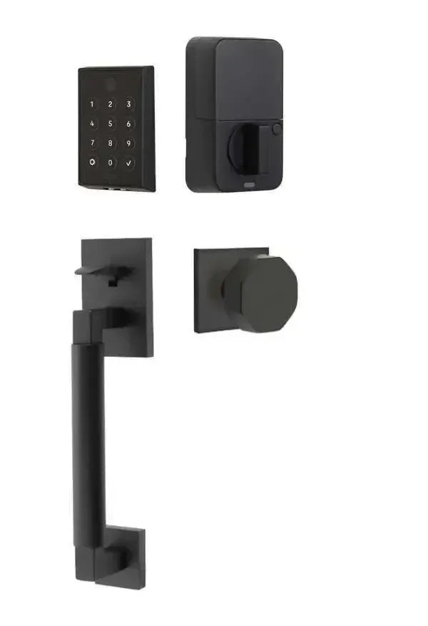 Emtek EMPowered 2 Touch Entry Set with Hercules Smooth Grip and Octagon Knob in Flat Black finish