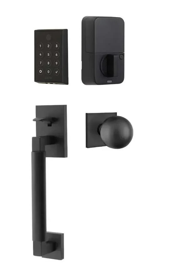 Emtek EMPowered 2 Touch Entry Set with Hercules Smooth Grip and Orb Knob Flat Black