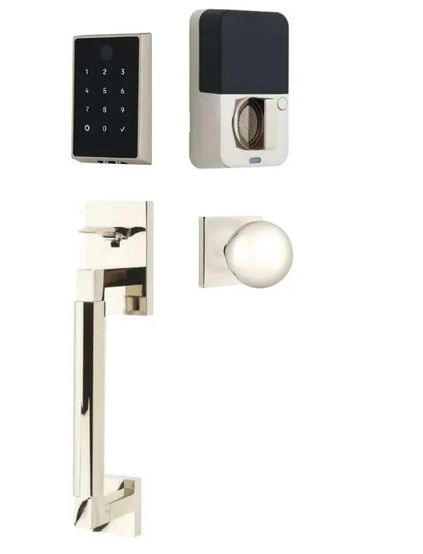 Emtek EMPowered 2 Touch Entry Set with Hercules Smooth Grip and Orb Knob Lifetime Polished Nickel