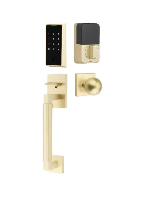 Emtek EMPowered 2 Touch Entry Set with Hercules Smooth Grip and Orb Knob Satin Brass