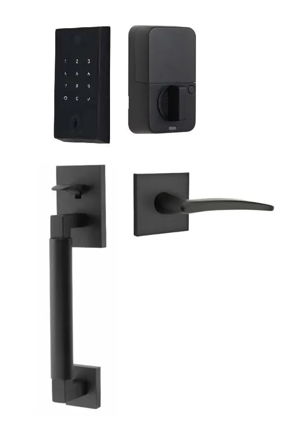 Emtek EMPowered 2 Touch Entry Set with Hercules Smooth Grip and Poseidon Lever Flat Black