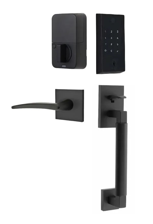 Emtek EMPowered 2 Touch Entry Set with Hercules Smooth Grip and Poseidon Lever Flat Black