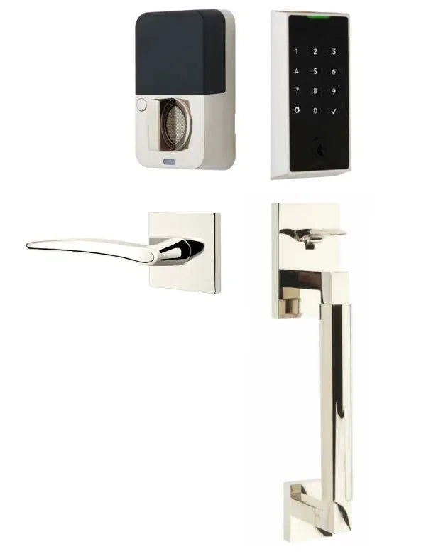 Emtek EMPowered 2 Touch Entry Set with Hercules Smooth Grip and Poseidon Lever Lifetime Polished Nickel