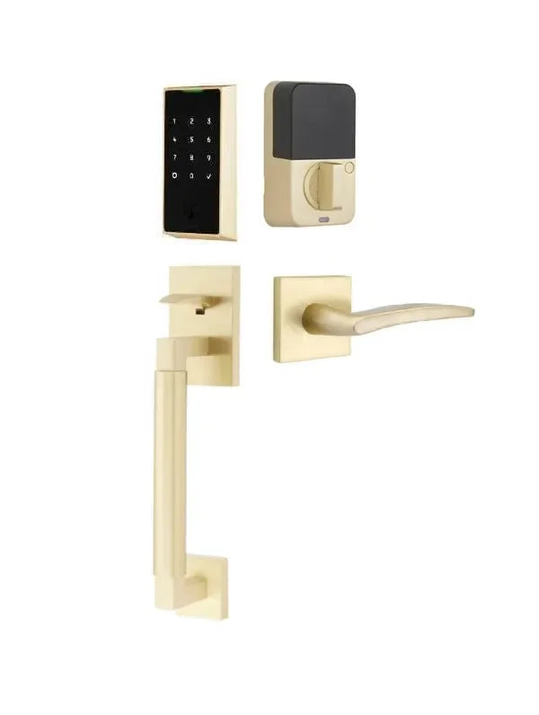Emtek EMPowered 2 Touch Entry Set with Hercules Smooth Grip and Poseidon Lever Satin Brass