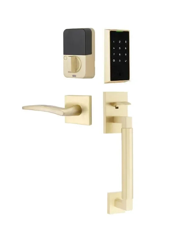 Emtek EMPowered 2 Touch Entry Set with Hercules Smooth Grip and Poseidon Lever Satin Brass