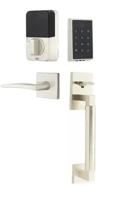 Emtek EMPowered 2 Touch Entry Set with Hercules Smooth Grip and Poseidon Lever in Satin Nickel finish