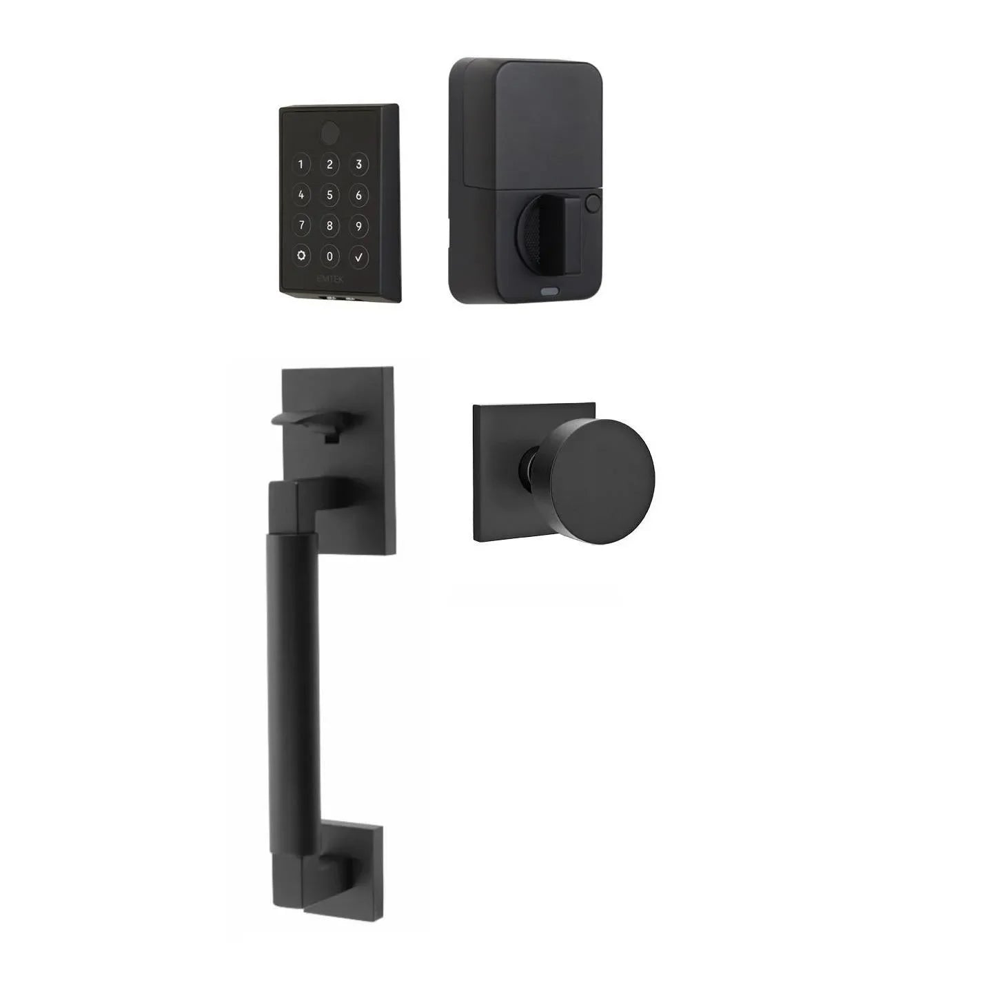 Emtek EMPowered 2 Touch Entry Set with Hercules Smooth Grip and Round Knob Flat Black
