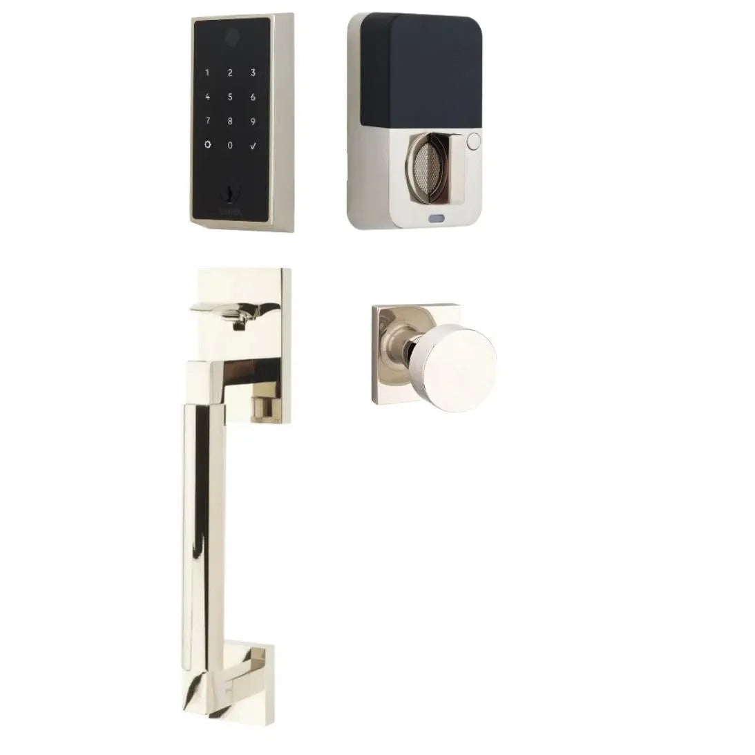 Emtek EMPowered 2 Touch Entry Set with Hercules Smooth Grip and Round Knob Lifetime Polished Nickel