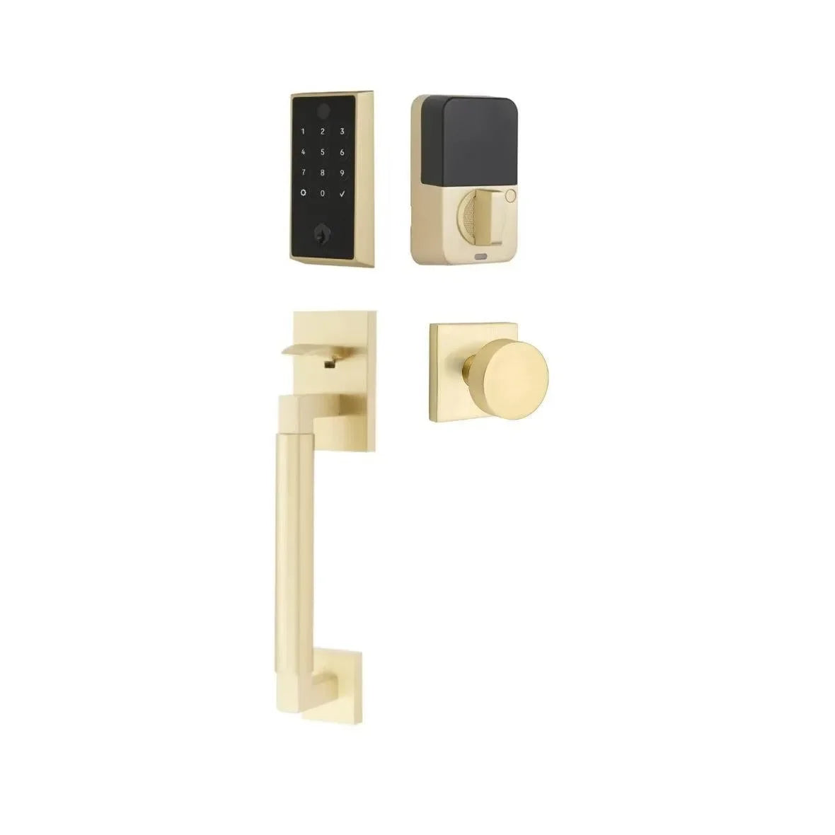 Emtek EMPowered 2 Touch Entry Set with Hercules Smooth Grip and Round Knob Satin Brass