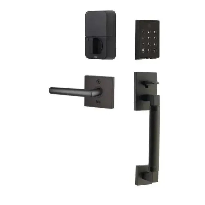 Emtek EMPowered 2 Touch Entry Set with Hercules Smooth Grip and Stuttgart Lever in Flat Black finish