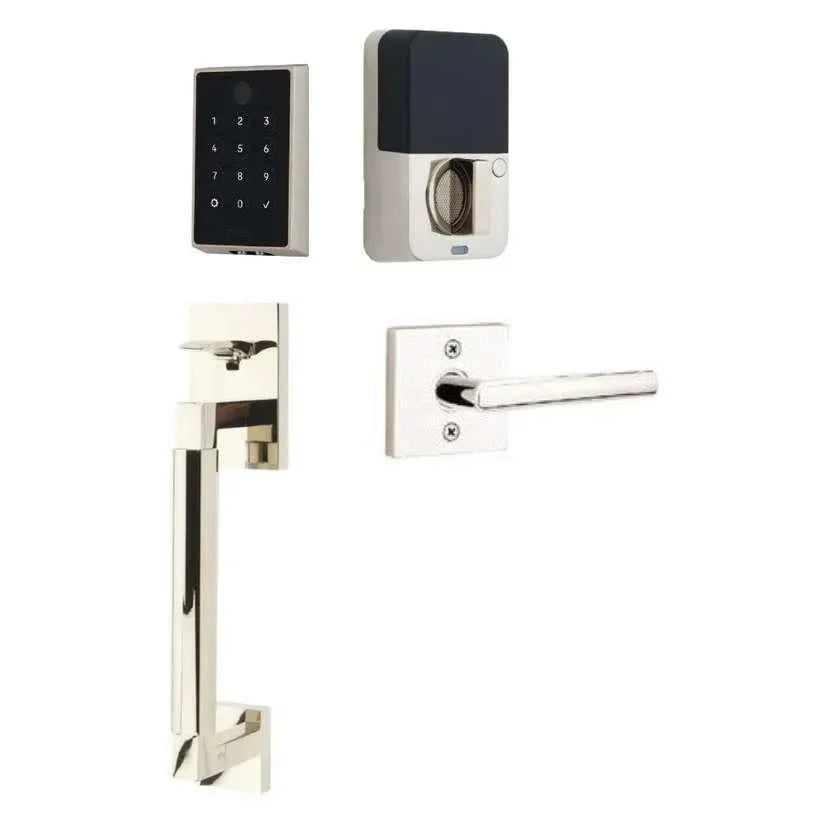 Emtek EMPowered 2 Touch Entry Set with Hercules Smooth Grip and Stuttgart Lever Lifetime Polished Nickel