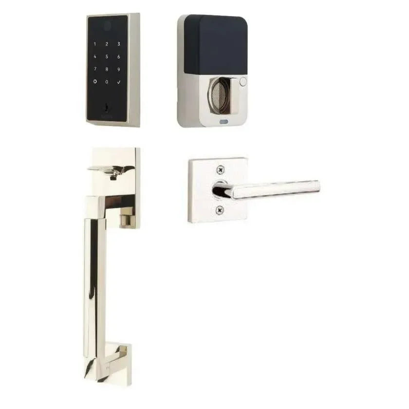 Emtek EMPowered 2 Touch Entry Set with Hercules Smooth Grip and Stuttgart Lever Lifetime Polished Nickel