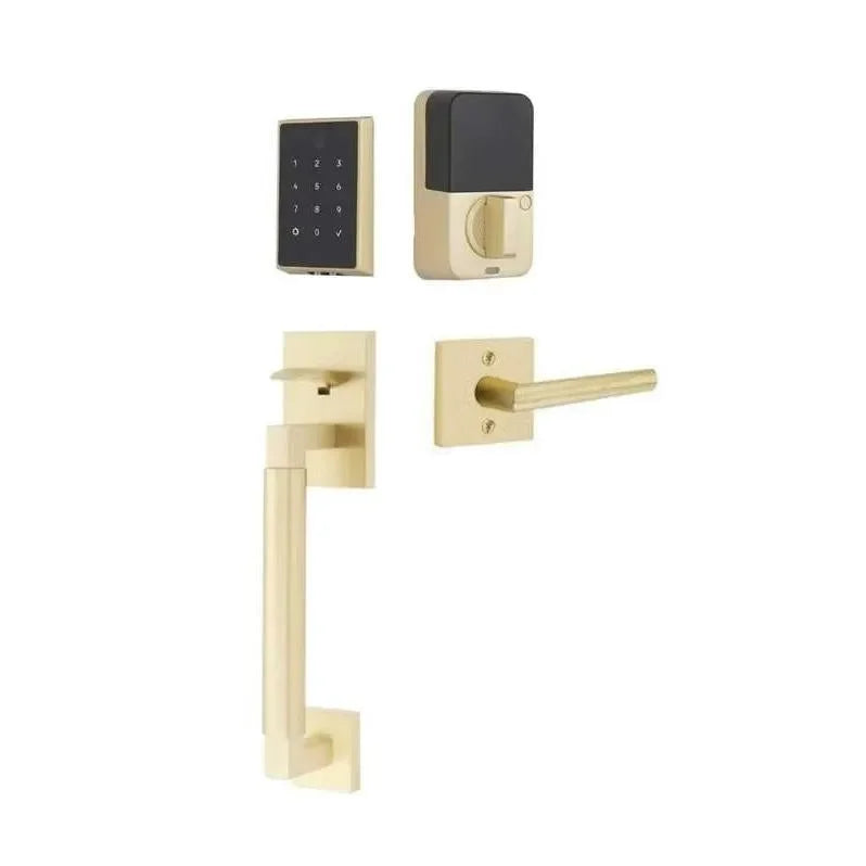 Emtek EMPowered 2 Touch Entry Set with Hercules Smooth Grip and Stuttgart Lever Satin Brass