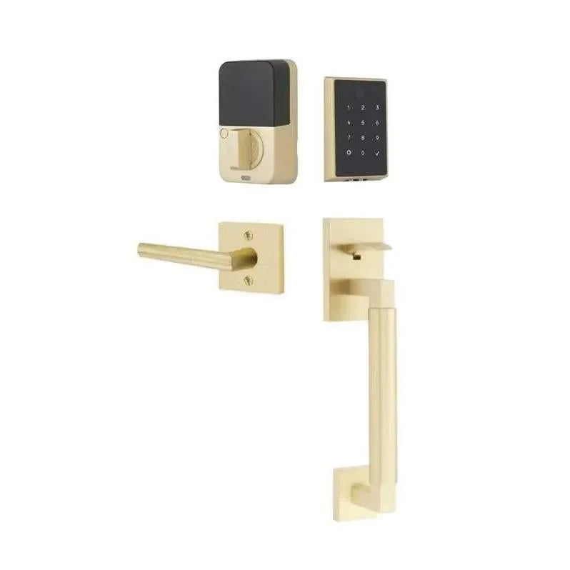 Emtek EMPowered 2 Touch Entry Set with Hercules Smooth Grip and Stuttgart Lever Satin Brass