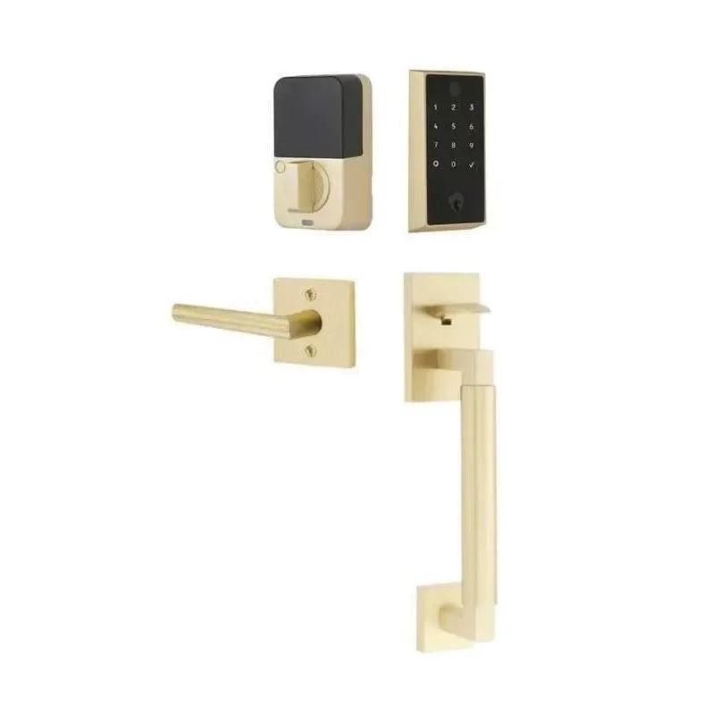 Emtek EMPowered 2 Touch Entry Set with Hercules Smooth Grip and Stuttgart Lever Satin Brass