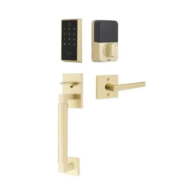 Emtek EMPowered 2 Touch Entry Set with Hercules Smooth Grip and Stuttgart Lever Satin Brass