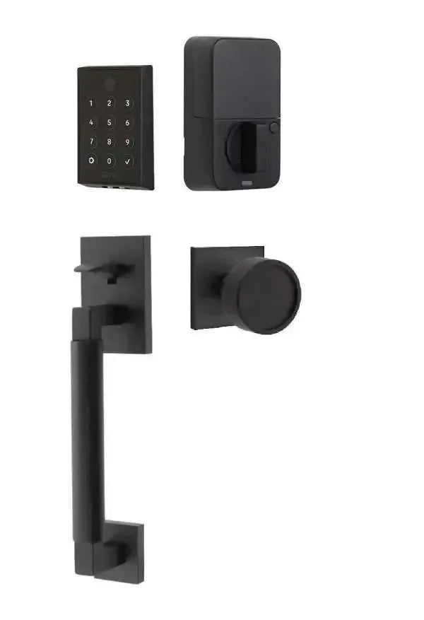 Emtek EMPowered 2 Touch Entry Set with Hercules Smooth Grip and Verve Knob in Flat Black finish