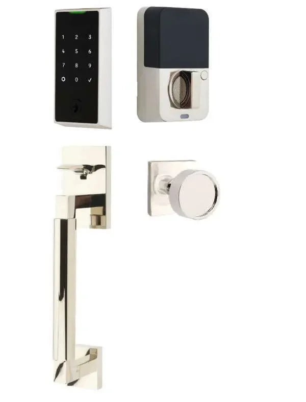 Emtek EMPowered 2 Touch Entry Set with Hercules Smooth Grip and Verve Knob Lifetime Polished Nickel