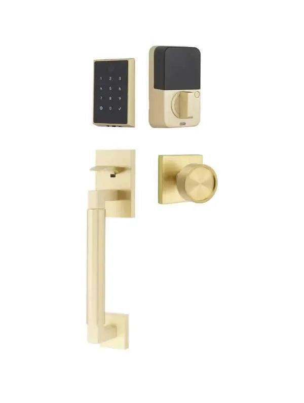 Emtek EMPowered 2 Touch Entry Set with Hercules Smooth Grip and Verve Knob Satin Brass