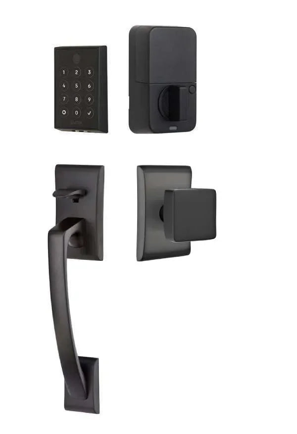 Emtek EMPowered 2 Touch Key Free Entry Set with Ares Grip and Interior Square Knob Flat Black